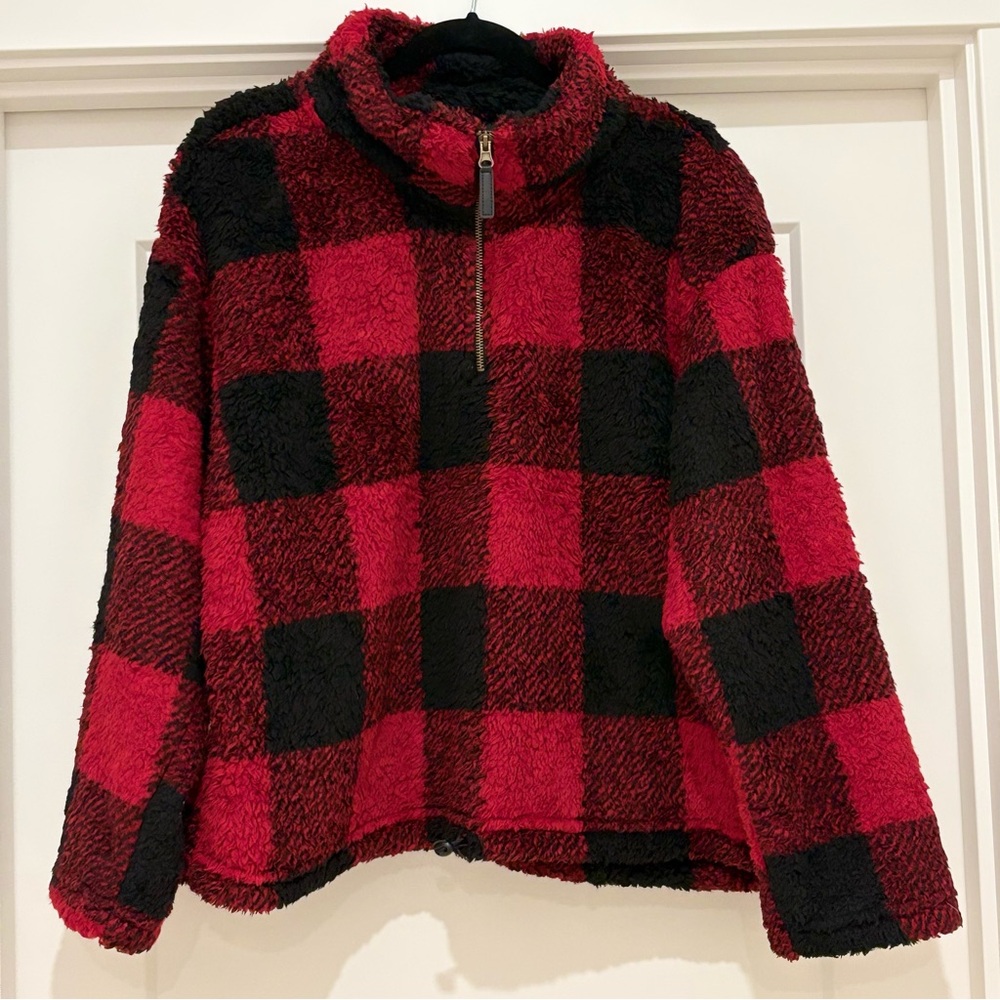 [Love Tree] Buffalo Plaid Sherpa Red/Black 1/4 Zip Pullover Sweater Women’s XL - Picture 3 of 10